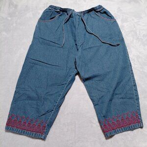 VTG 90s Jane Ashley L Pull On Denim Capri Embroidered Hem Boho Cottage Grandma